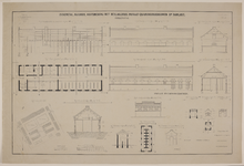 217204 Opstanden, doorsneden, plattegronden en situatie van de ziekenstal, rijloods, hoefsmederij met beslagloods, ...